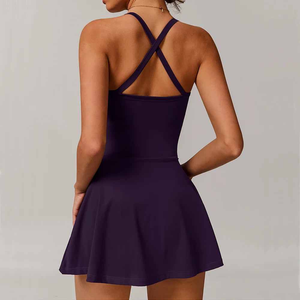 Women’s Workout Romper – One Piece Yoga Jumpsuit with Skirt | Tennis, Pilates & Gym Activewear