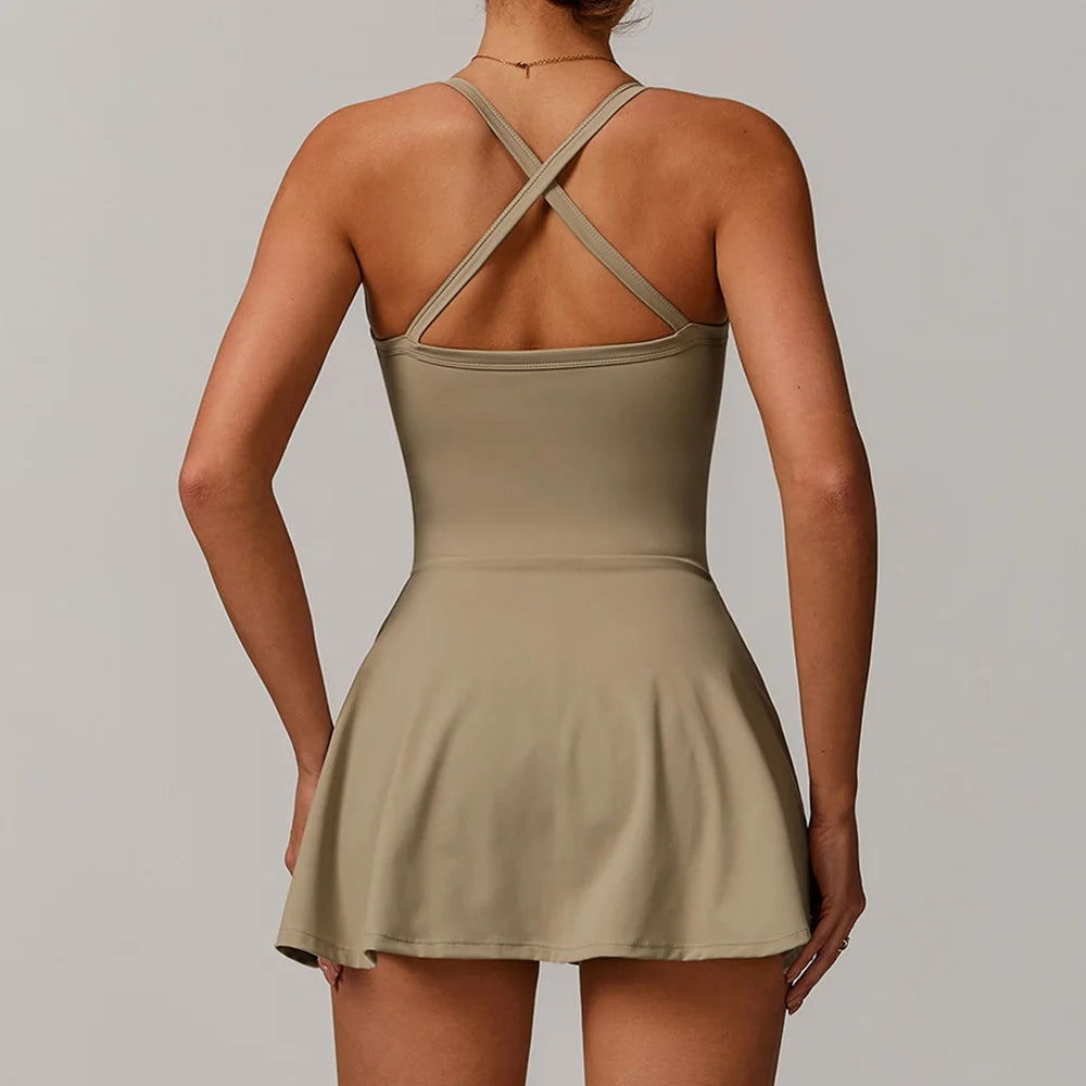 Women’s Workout Romper – One Piece Yoga Jumpsuit with Skirt | Tennis, Pilates & Gym Activewear