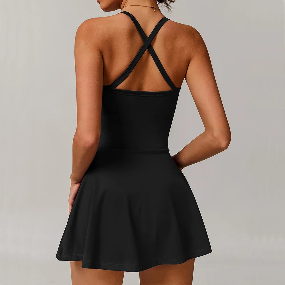 Women’s Workout Romper – One Piece Yoga Jumpsuit with Skirt | Tennis, Pilates & Gym Activewear